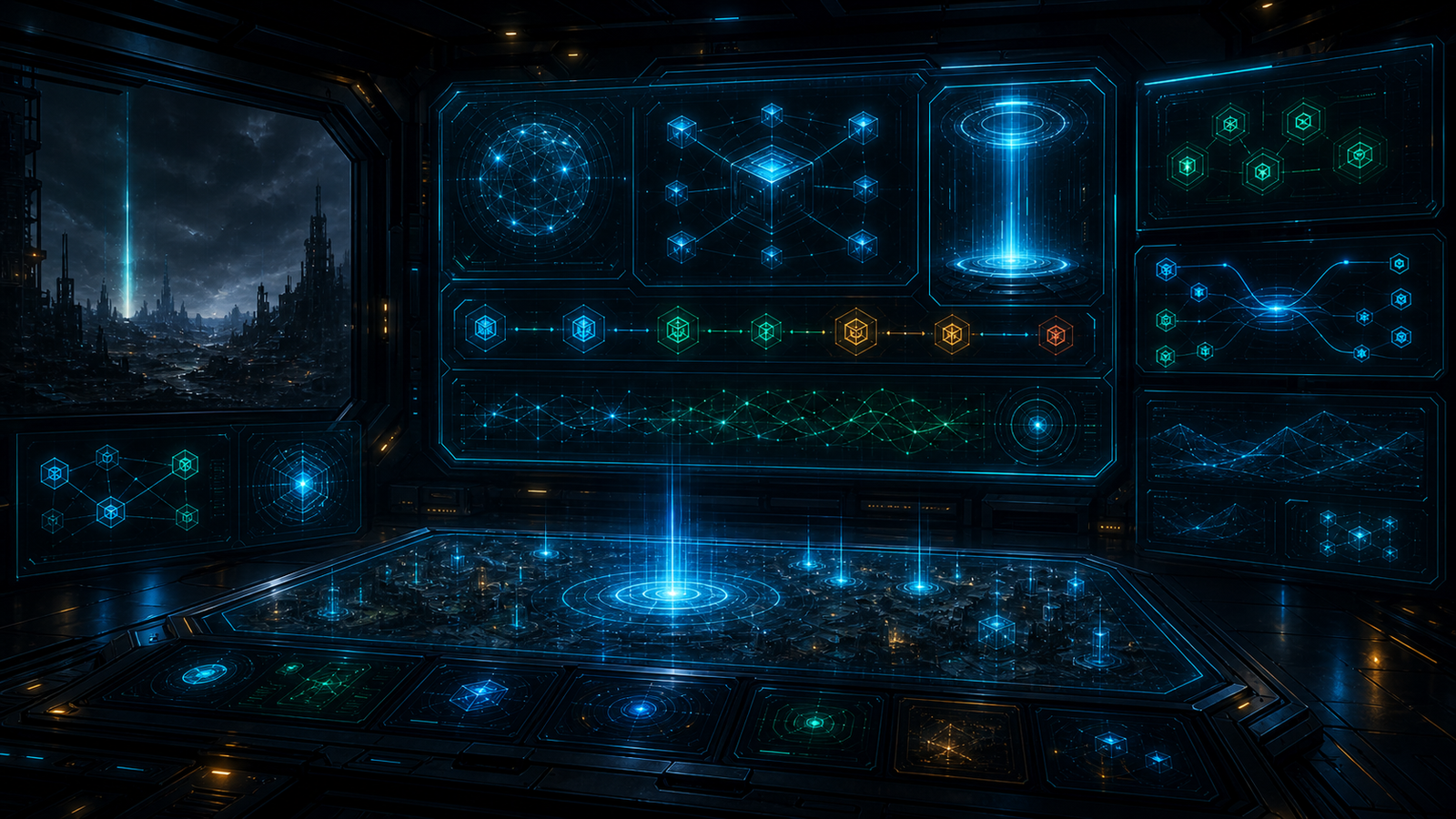 Dark ECHO Labs command room with holographic platform architecture screens and a central command table