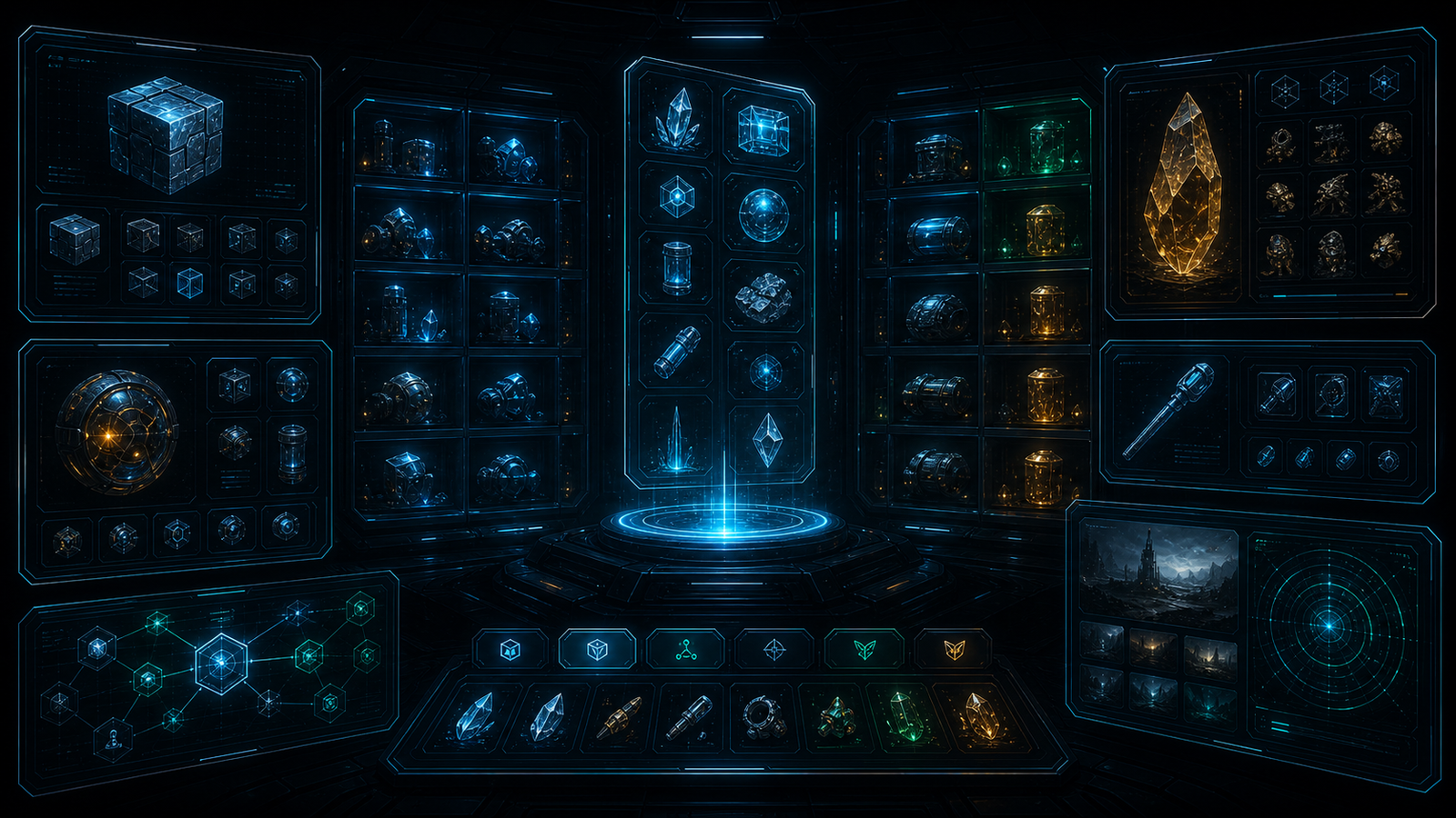 Cyberglass archive interface with floating item silhouettes, recipe cards, artifact records, and discovery nodes