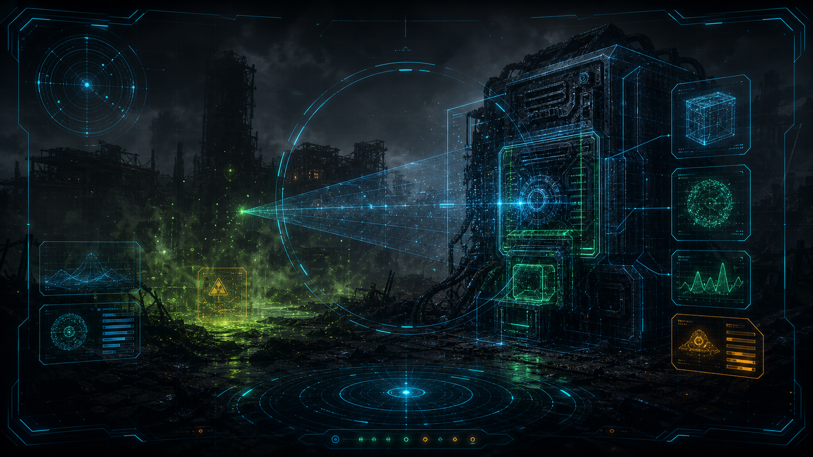 Lens scanner HUD examining a damaged machine in an ashfall ruin with cyan scan beams and hazard glow