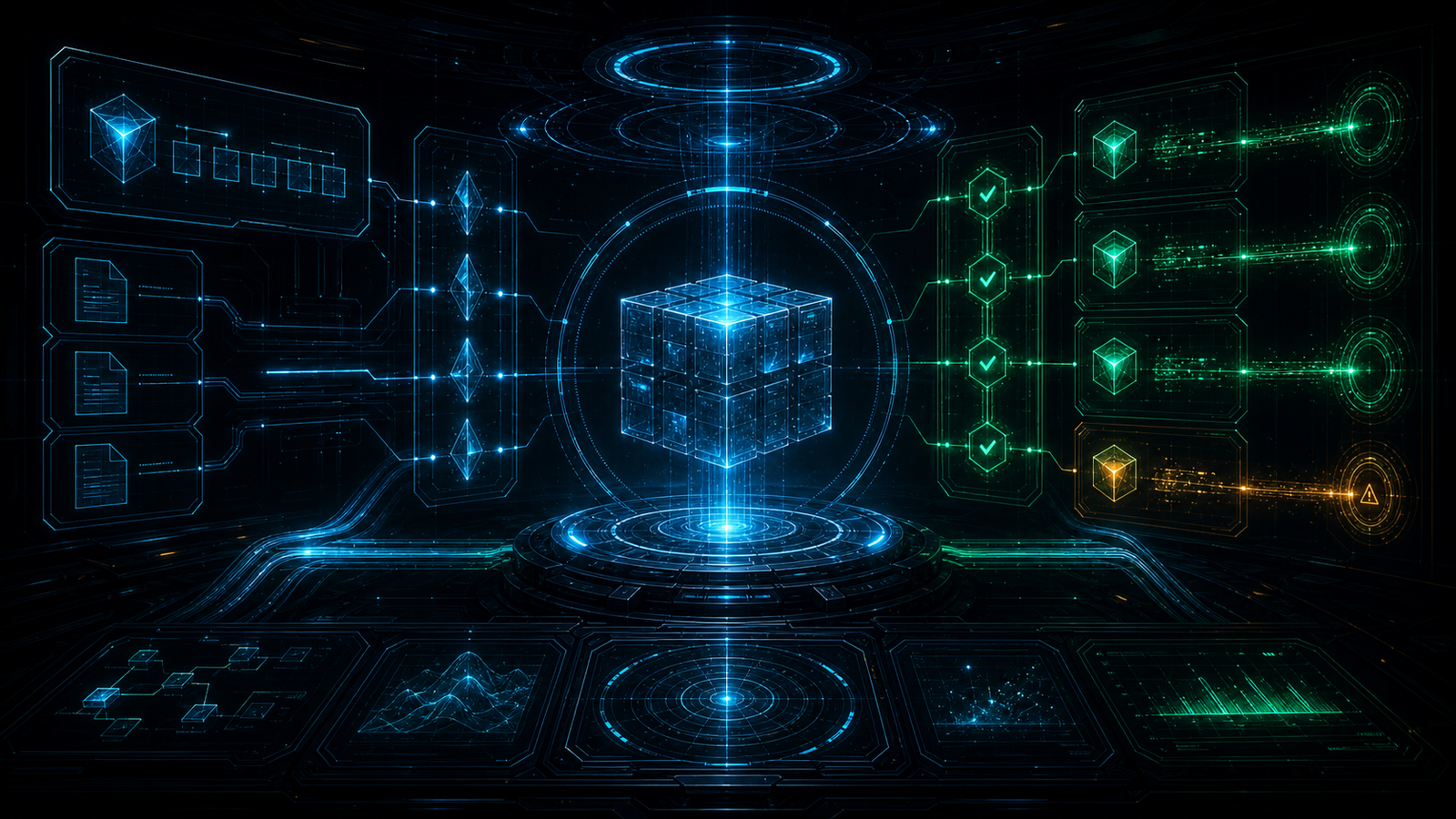 PackOS validation chamber with a glowing package cube, checksum beams, channel gates, and scan rings