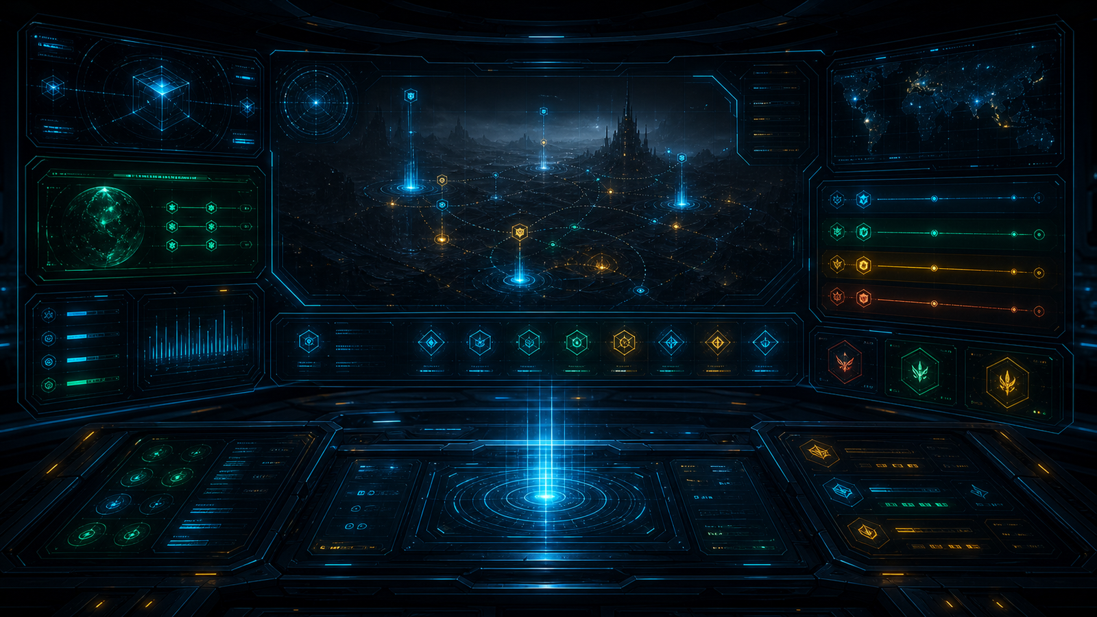 Dark cyberglass terminal command interface with mission-style panels and holographic signal displays